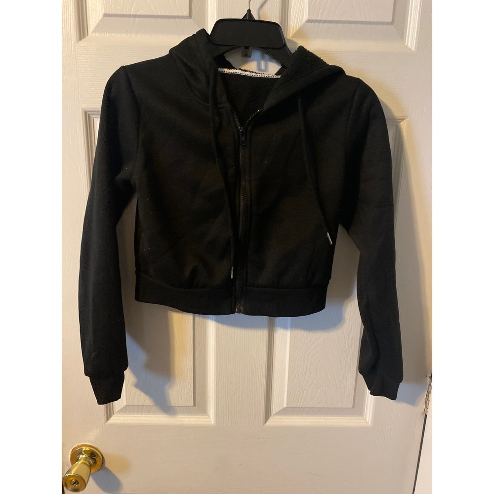Womens Black Cropped Zip Up Hoodie Fleece Lined Sweatshirt Solid Minimalist